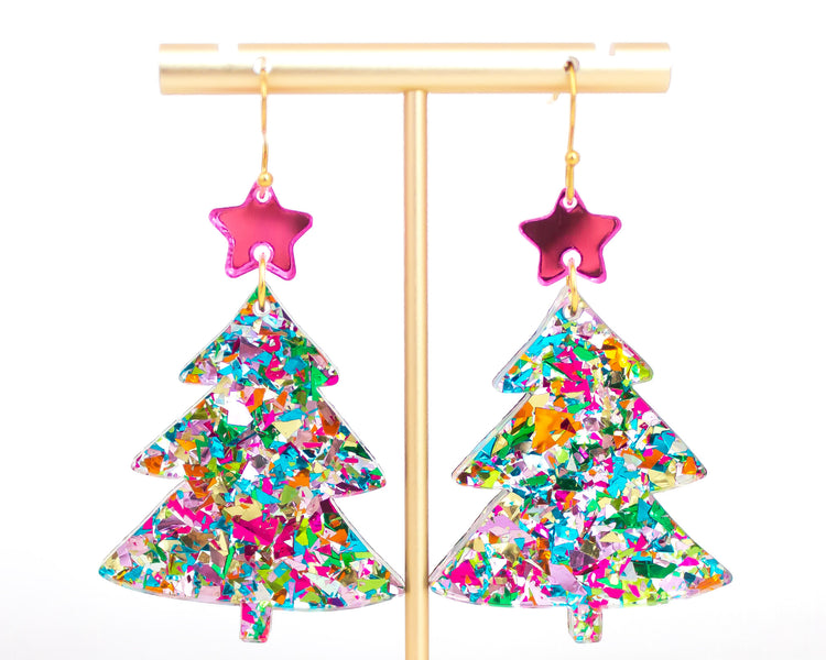 Multi-Color Glitter Flake Christmas Tree Earrings
