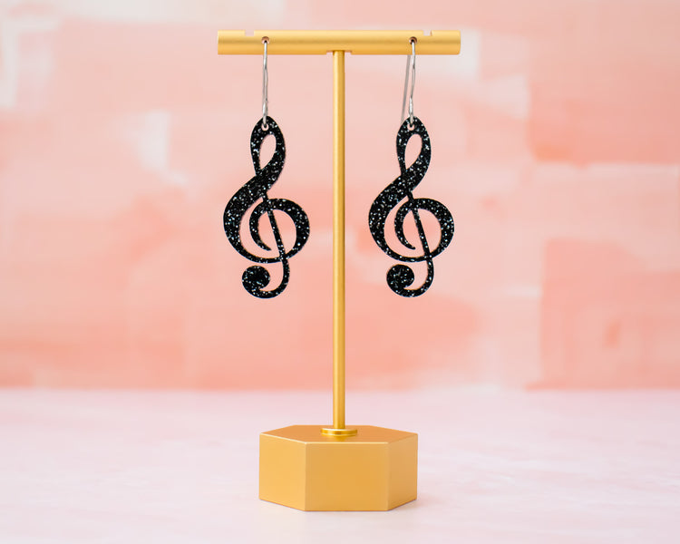 Black Glitter Treble Clef Music Note Earrings