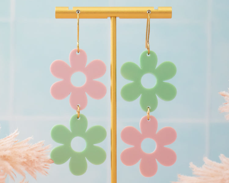 Retro Pink & Green Daisy Mismatch Earrings