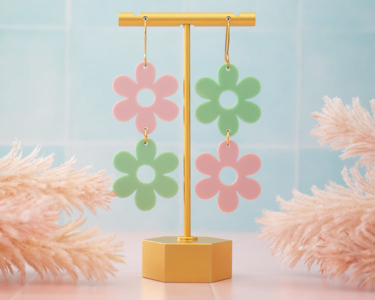 Retro Pink & Green Daisy Mismatch Earrings