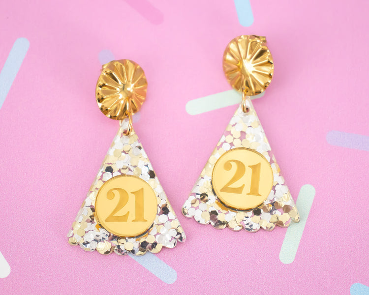 Gold Sequin Custom Number Party Hat Earrings