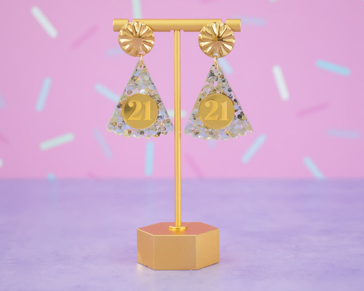 Gold Sequin Custom Number Party Hat Earrings