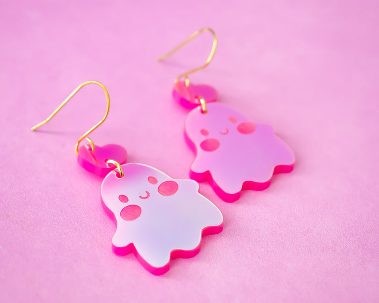 Holographic Cute Ghost Heart Earrings