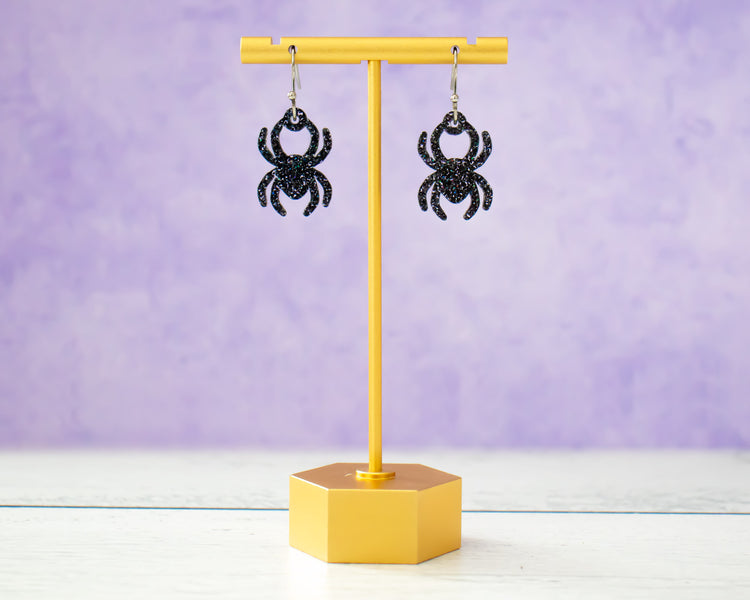 Black Glitter Spider Earrings