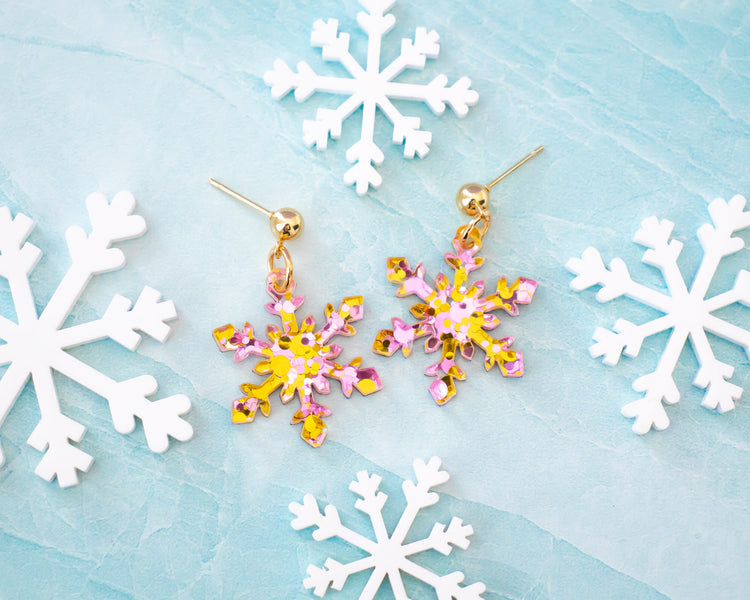 Pink & Gold Snowflake Earrings