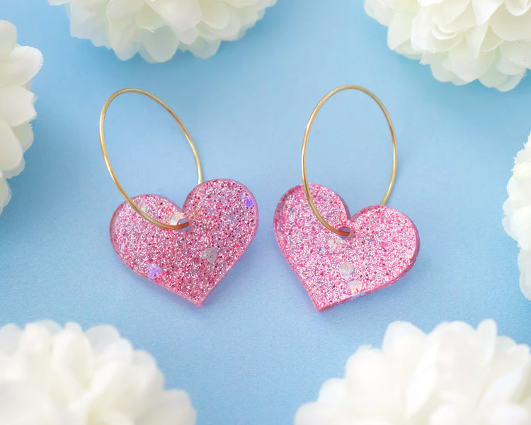 Pink Glitter Heart Hoop Earrings