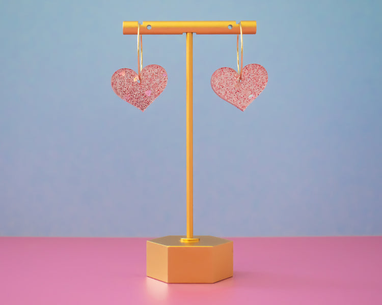 Pink Glitter Heart Hoop Earrings