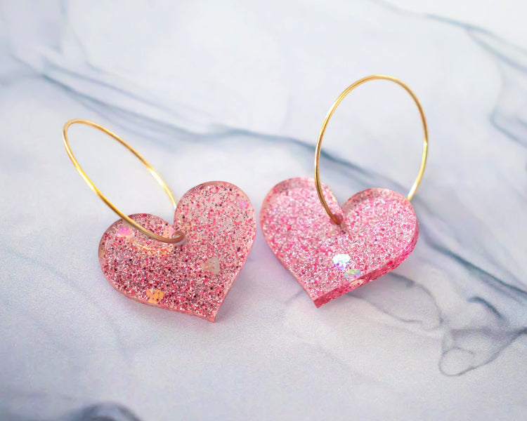 Pink Glitter Heart Hoop Earrings