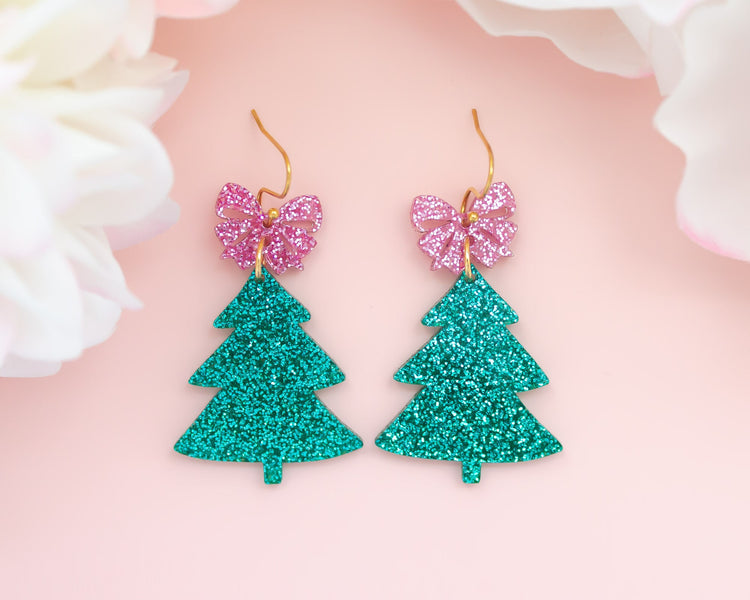 Teal Bow Christmas Tree Earrings