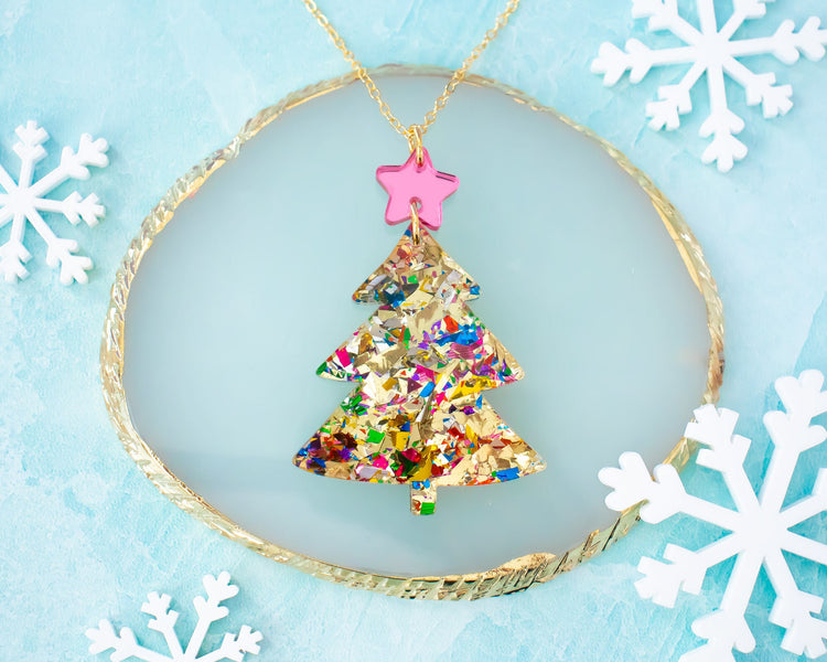 Gold Christmas Tree Necklace and Earrings Set