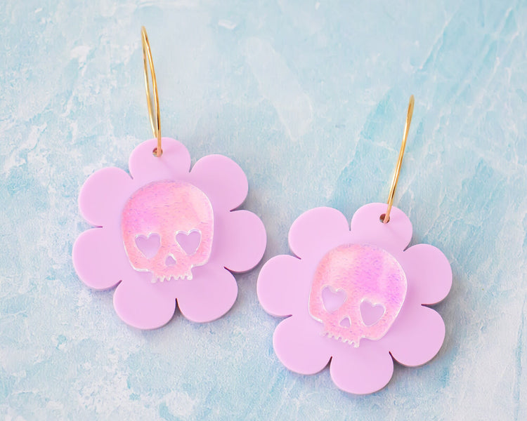 Skull Flower Earrings Dangles