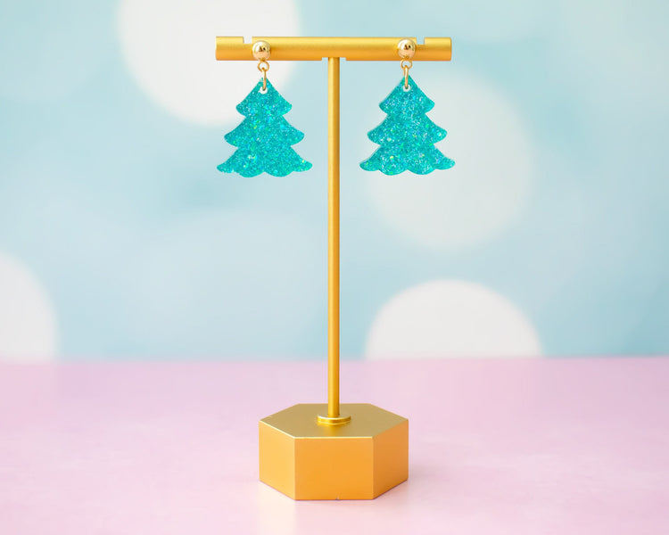 Small Teal Christmas Tree Earrings