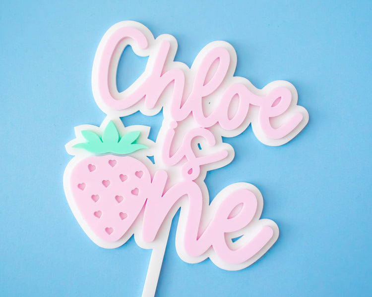Custom Name Pink Strawberry First Birthday Cake Topper