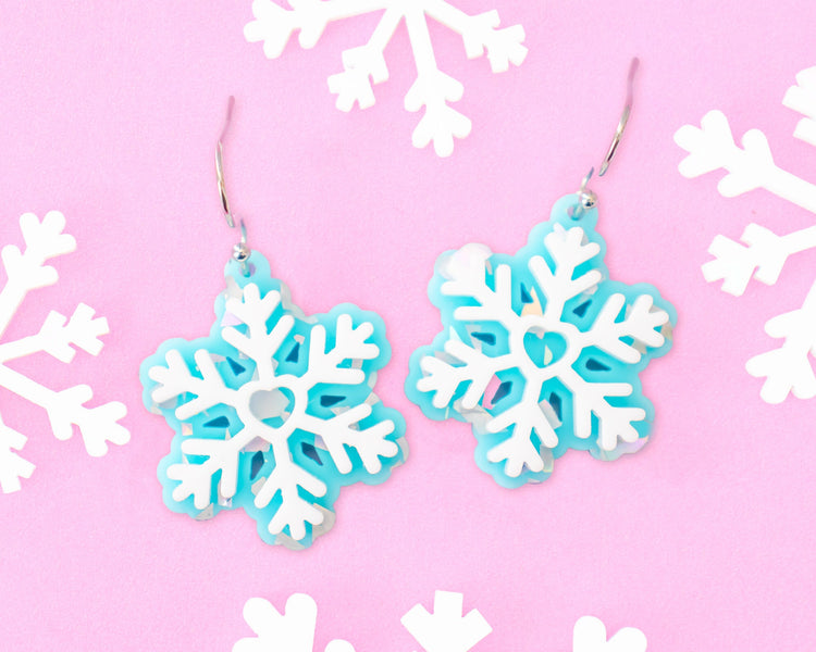 Blue Glitter Snowflake Earrings