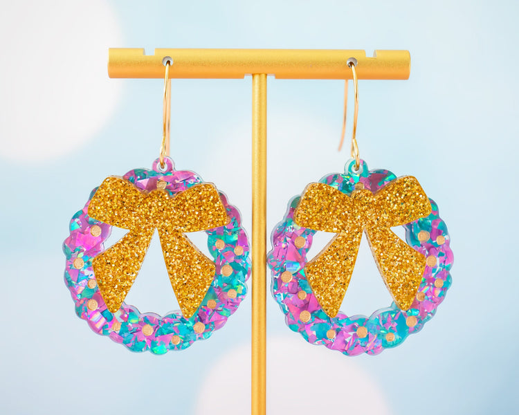 Christmas Wreath Earrings Blue & Purple
