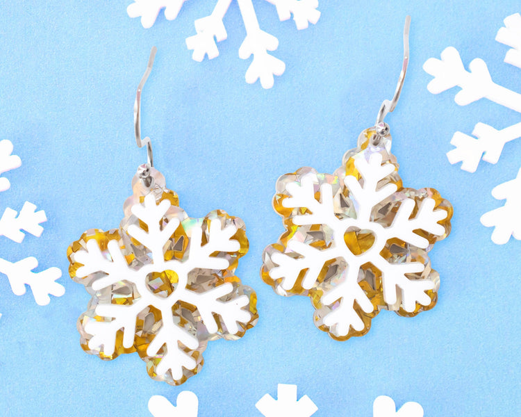 Gold and Silver Glitter Snowflake Earrings