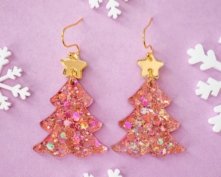 Pink Glitter Christmas Tree Earrings