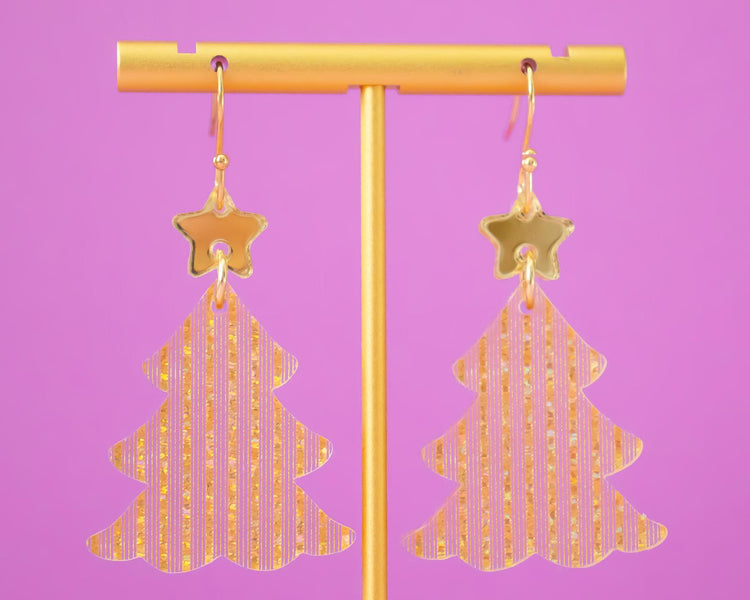 Gold Tinsel Christmas Tree Earrings