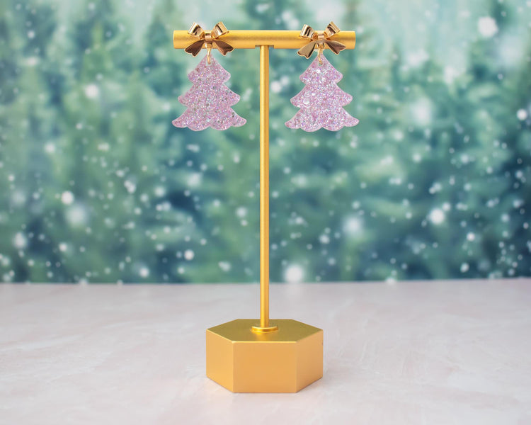 Pink Bow Christmas Tree Earrings