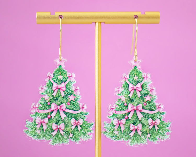 Pink Bow Christmas Tree Earrings