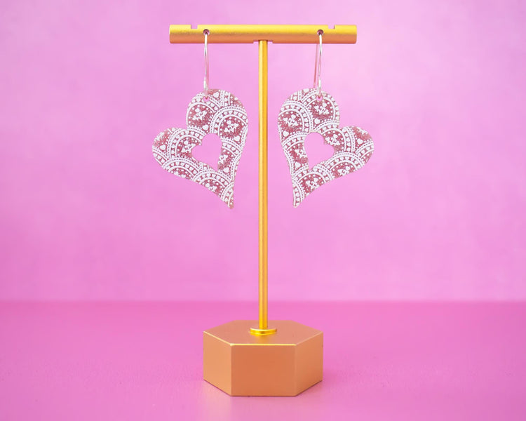 Pink Glitter Vintage Heart Earrings
