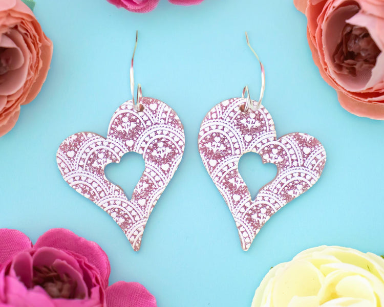 Pink Glitter Vintage Heart Earrings