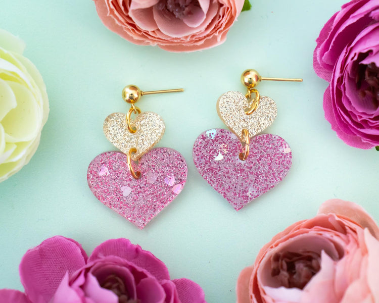 Pink & Gold Glitter Heart Earrings