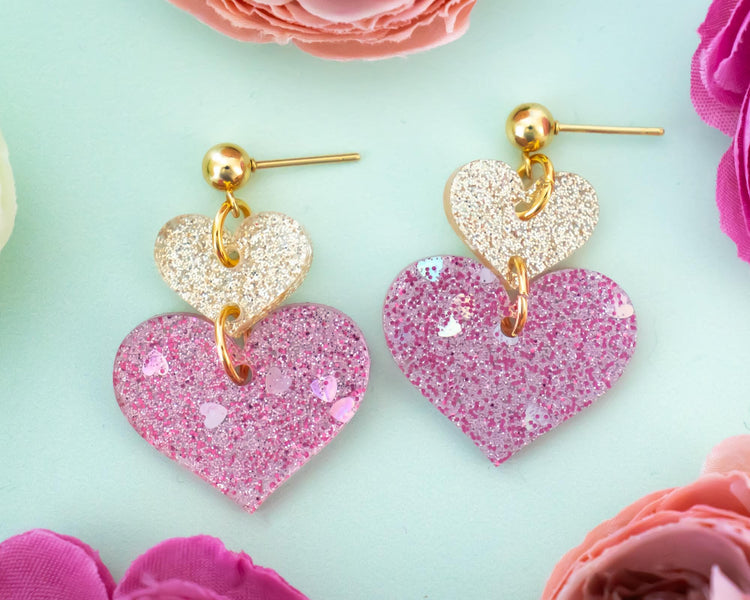 Pink & Gold Glitter Heart Earrings