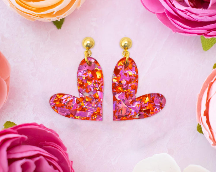 Red & Pink Glitter Heart Valentine Earrings