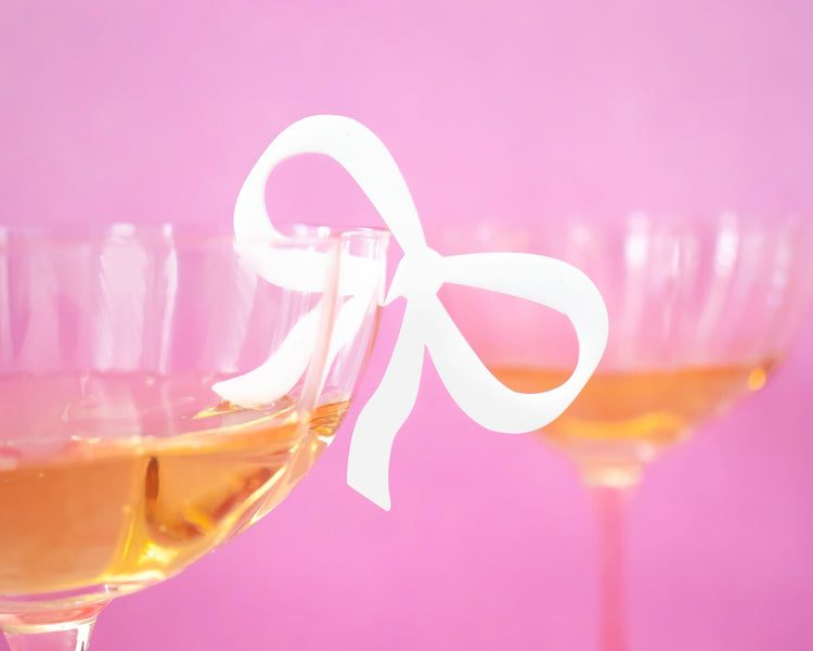 White Bow Drink Tags, Reusable Party Glass Charms, Set of 4