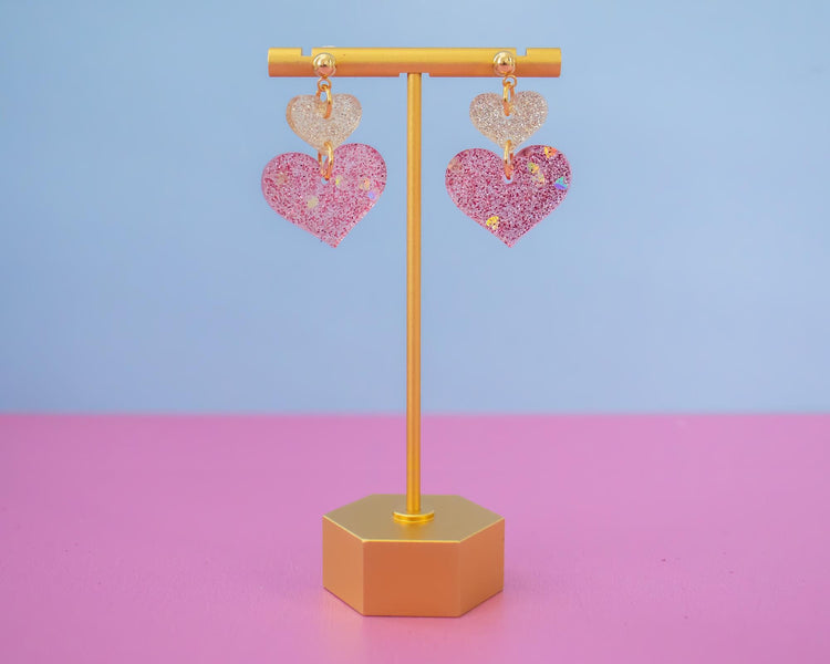 Pink & Gold Glitter Heart Earrings
