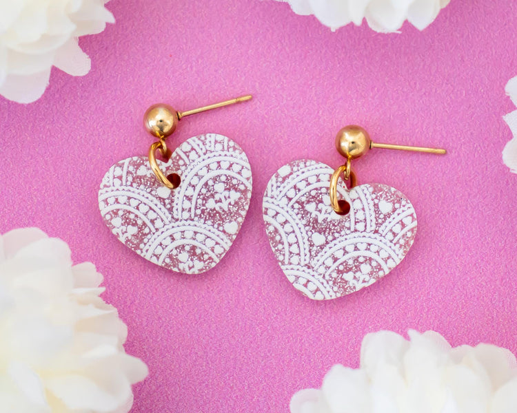 Pink Glitter Textured Heart Earrings