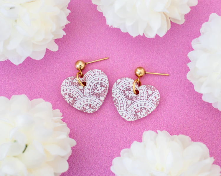 Pink Glitter Textured Heart Earrings
