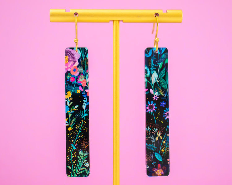Flower Rectangle Bar Earrings
