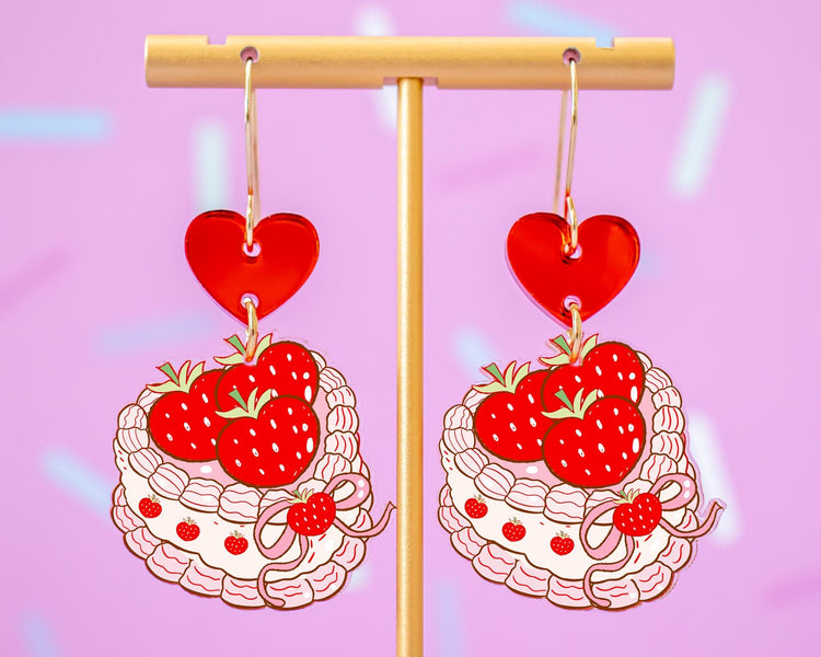 Vintage Strawberry Heart Cake Earrings