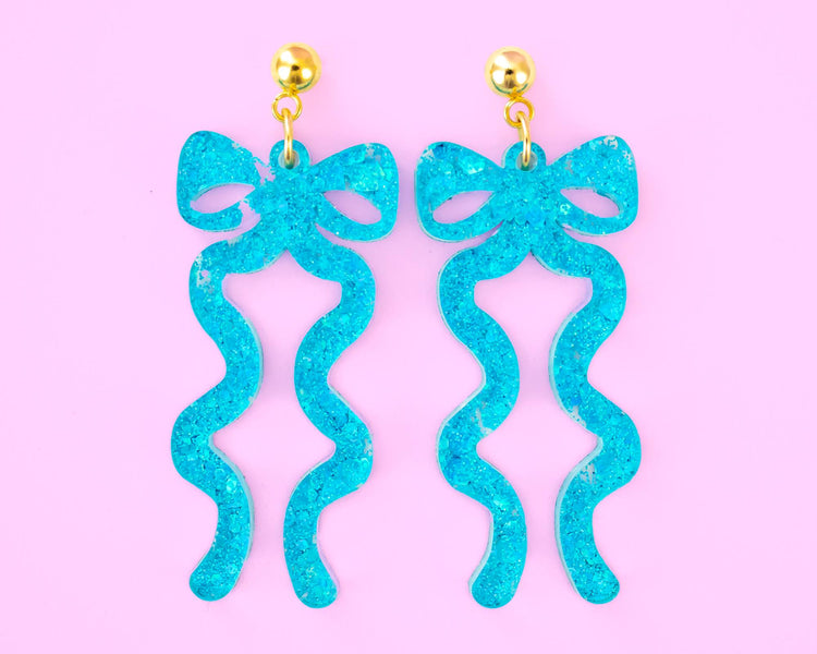 Blue Glitter Statement Bow Earrings
