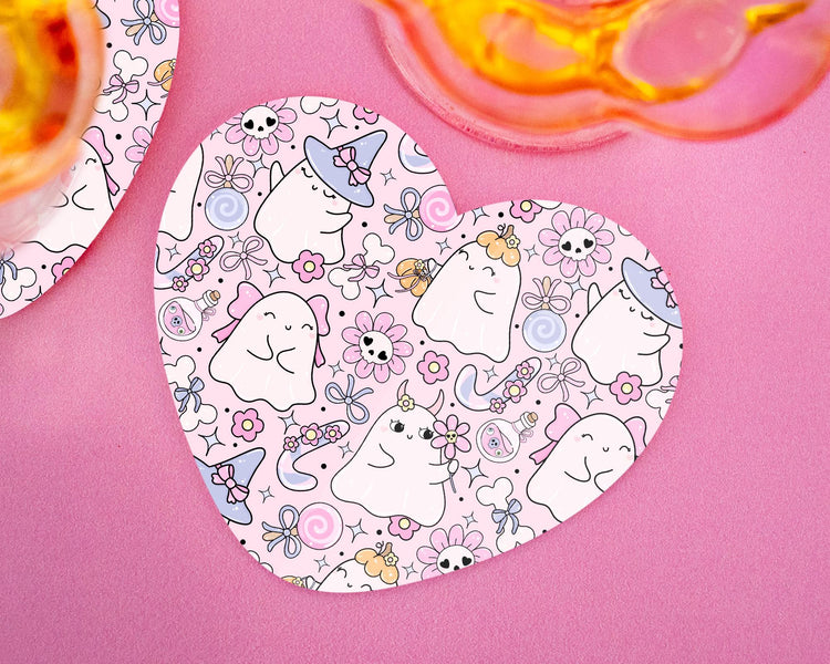 Cute Ghosts Pastel Heart Acrylic Coaster