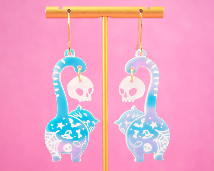 Holographic Cat Skull Earrings