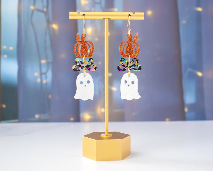 Stacked Pumpkin Bow Ghosts Earrings