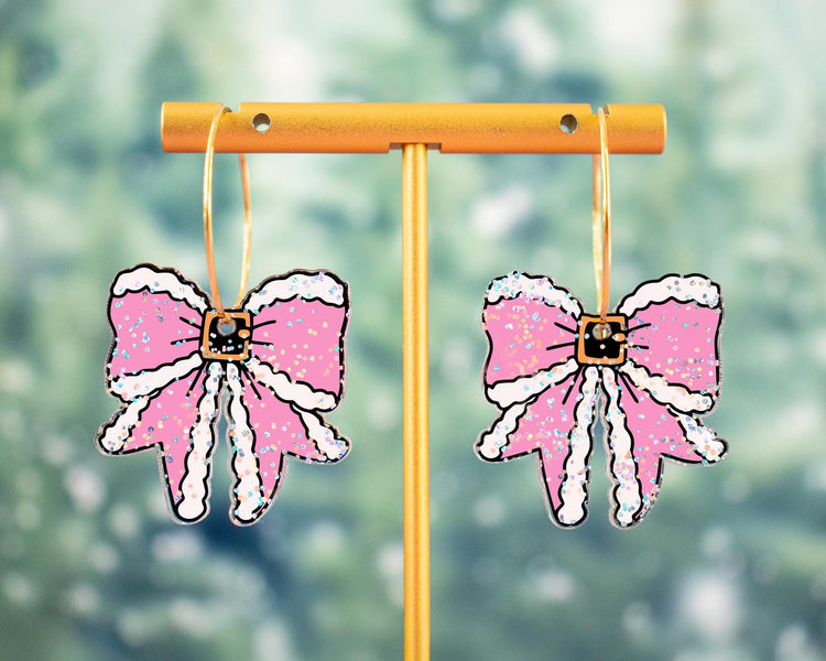 Pink Glitter Santa Bow Earrings