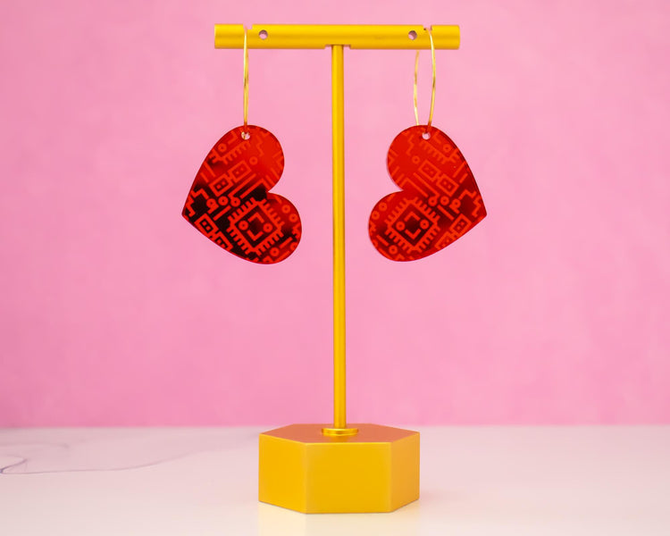 Red Mirror Heart Computer Chip Earrings