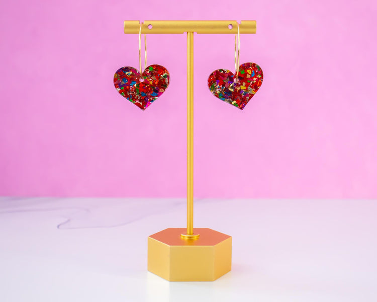 Red Glitter Heart Hoop Earrings