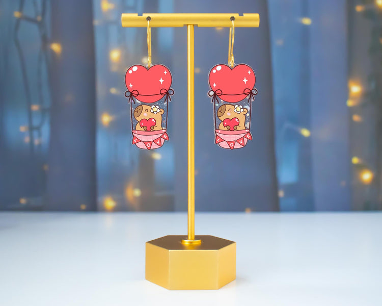 Capybara Hot Air Balloon Valentines Earrings