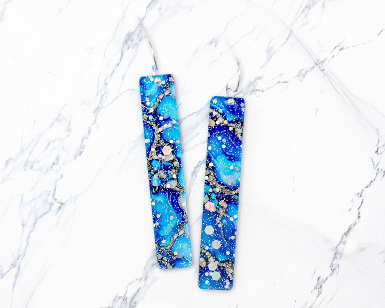 Glitter Blue Agate Rectangle Bar Earrings
