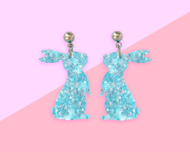 Small Blue Glitter Bunny Earrings
