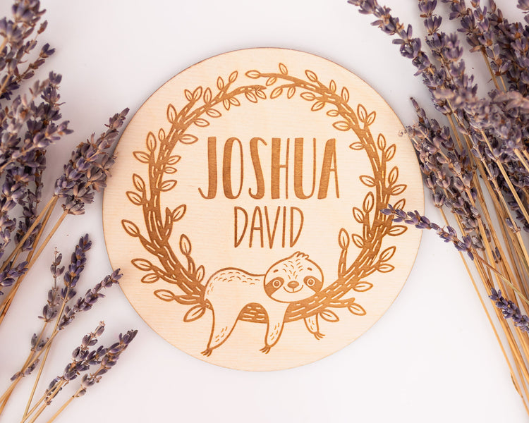 Engraved Sloth Boy Birth Announcement Sign