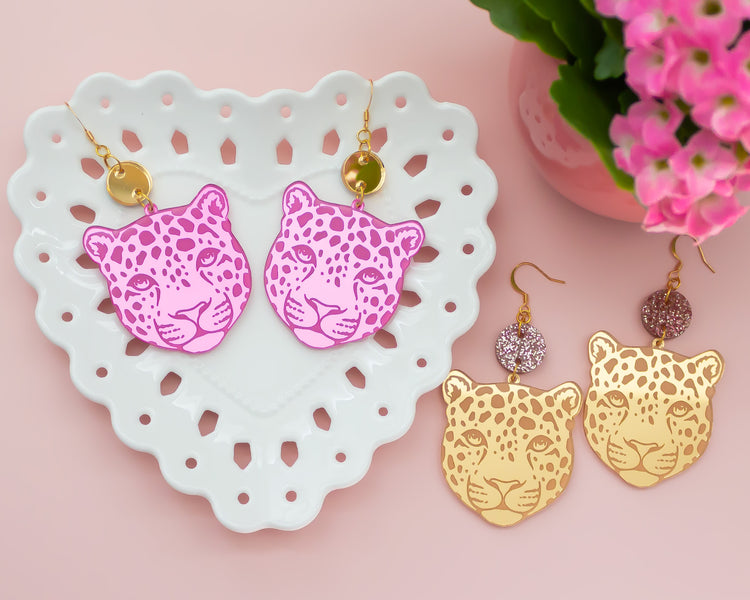 Leopard Gold and Pink Mirror Earrings