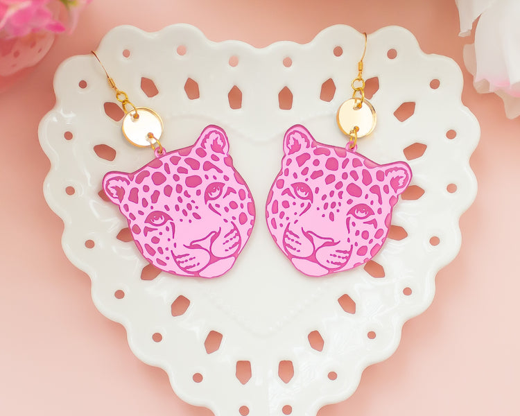 Leopard Gold and Pink Mirror Earrings