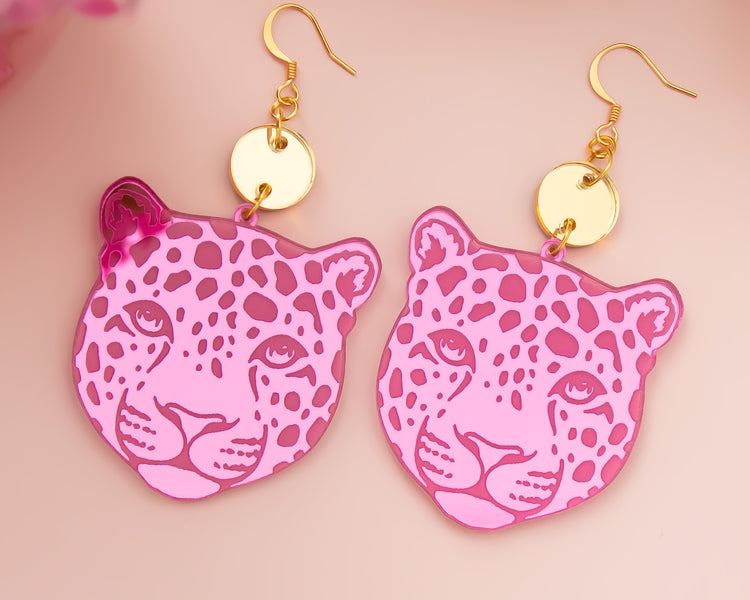 Leopard Gold and Pink Mirror Earrings