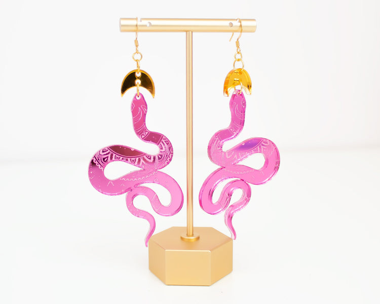 Snake Gold and Pink Mirror Earrings